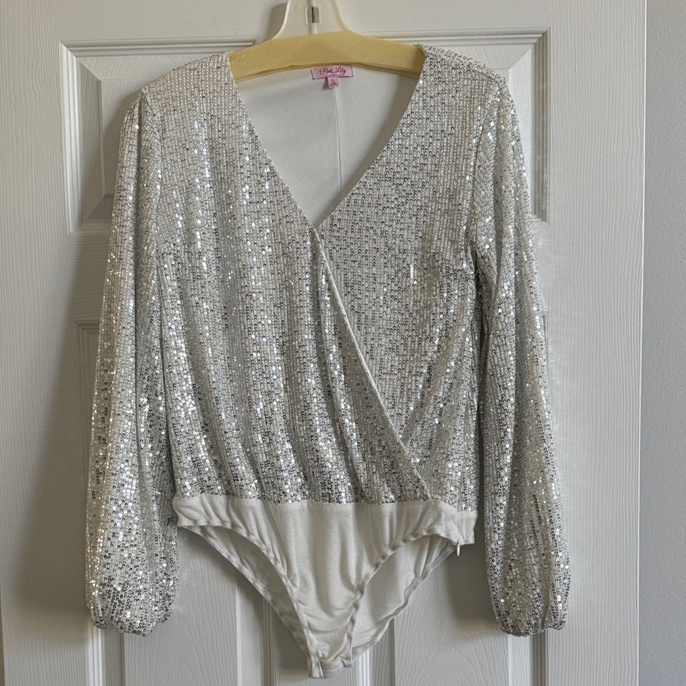 Pink Lily Silver Sequin Bodysuit
